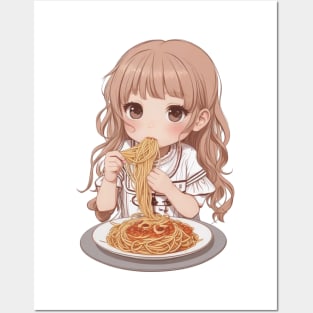 Cute girl eating spaghetti Posters and Art